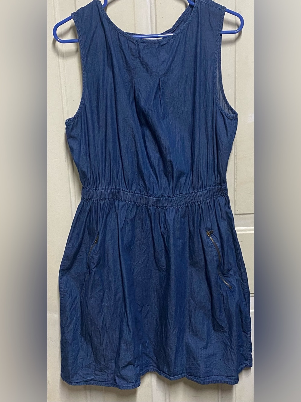 Women’s Chambray Denim Sleeveless Dress Elastic Waist Zip Pocket Casual